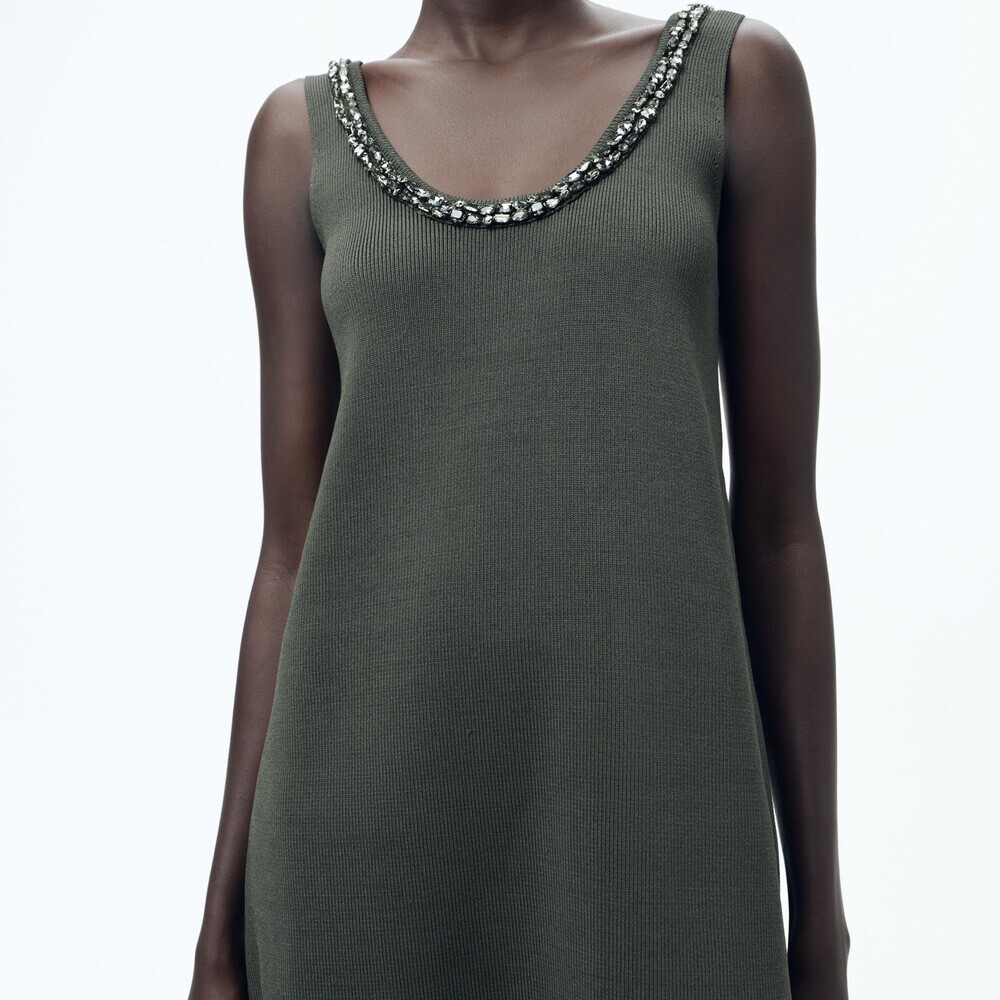 Zara Solid Color Scoop Neck Mini Knit Dress with Rhinestones in Sage Small